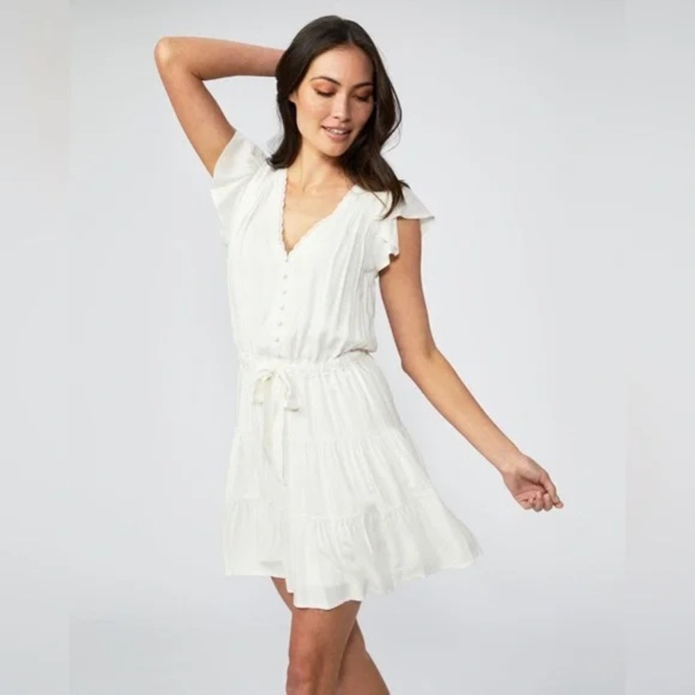 Paige Women’s Rosalee White Tiered Ruffle Sleeve Dress Drawstring Waist Summer